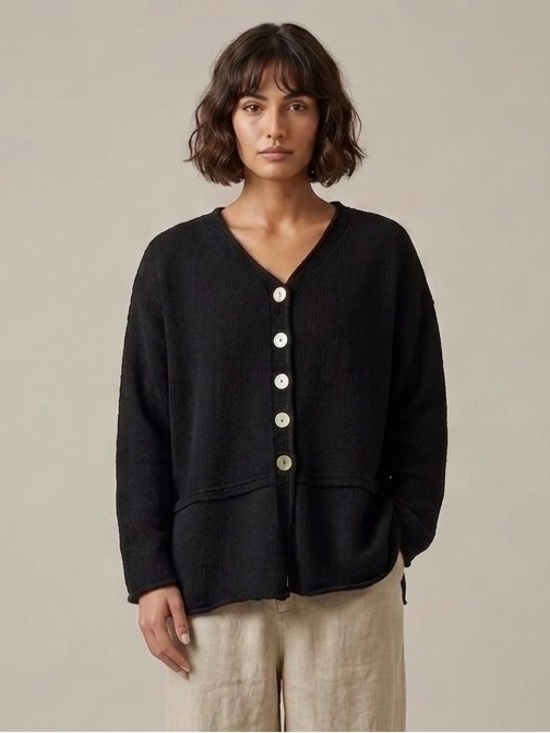 Vintage Sweaters - Vintage Handmade Black Oversized Cotton Cardigan - M/L